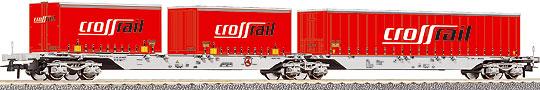 Twin Unit Flat car with containers "CROSS-RAIL"<br /><a href='images/pictures/Roco/66566.jpg' target='_blank'>Full size image</a>
